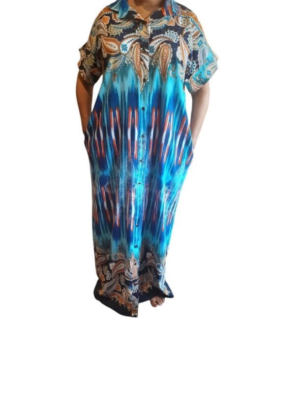 DeeDee’s blue multi-coloured short sleeve gown (cotton polyester)