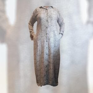 DeeDee’s cream and black animal print long sleeve gown (cotton polyester)